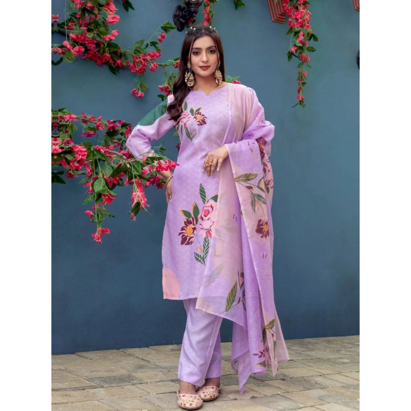 Mayawye Women's Cotton Blend Printed Kurti With Pant Dupatta Set (Lavender)