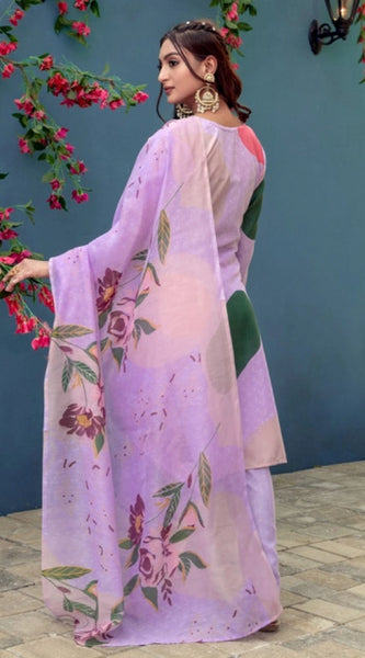 Mayawye Women's Cotton Blend Printed Kurti With Pant Dupatta Set (Lavender)