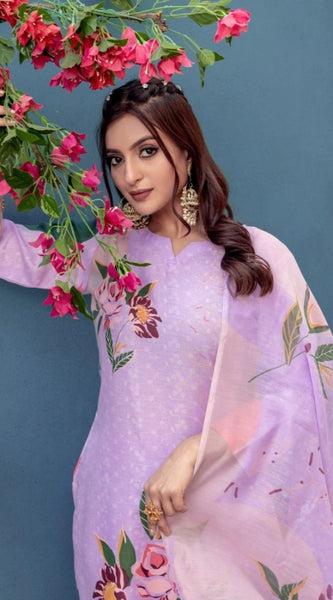 Mayawye Women's Cotton Blend Printed Kurti With Pant Dupatta Set (Lavender)