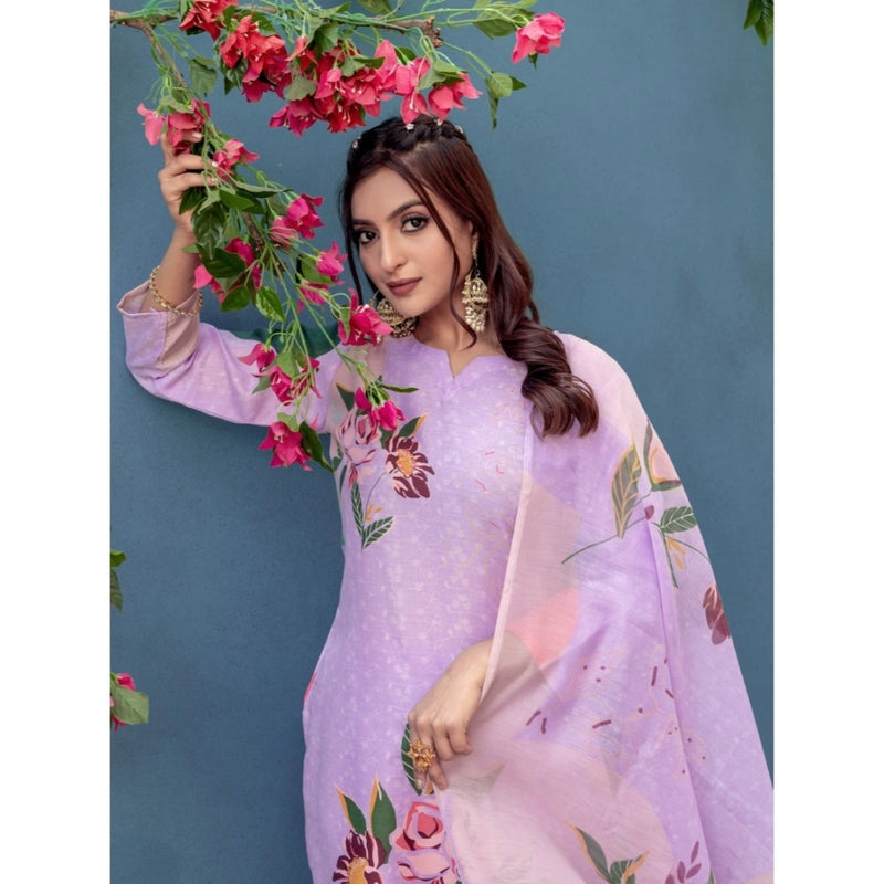 Mayawye Women's Cotton Blend Printed Kurti With Pant Dupatta Set (Lavender)