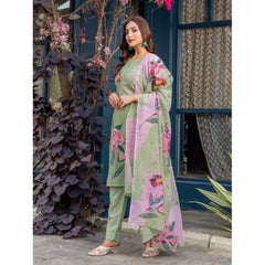 Mayawye Women's Cotton Blend Printed Kurti With Pant Dupatta Set (Mehendi)
