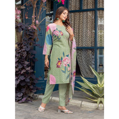 Mayawye Women's Cotton Blend Printed Kurti With Pant Dupatta Set (Mehendi)