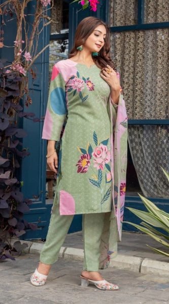 Mayawye Women's Cotton Blend Printed Kurti With Pant Dupatta Set (Mehendi)