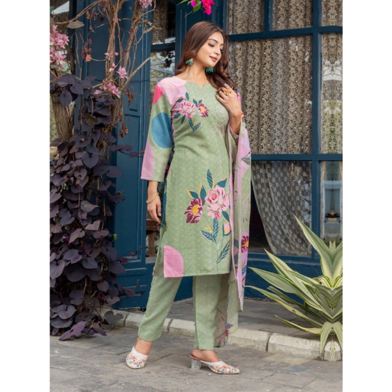 Mayawye Women's Cotton Blend Printed Kurti With Pant Dupatta Set (Mehendi)