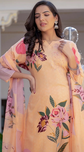 Mayawye Women's Cotton Blend Printed Kurti With Pant Dupatta Set (Orange)