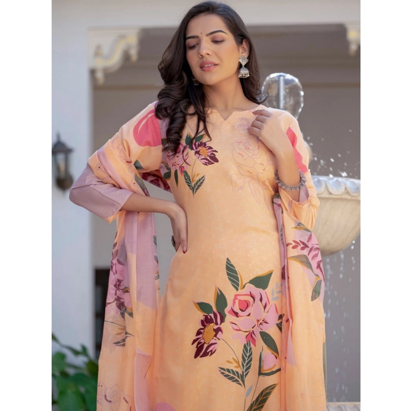 Mayawye Women's Cotton Blend Printed Kurti With Pant Dupatta Set (Orange)