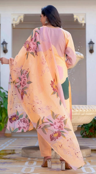 Mayawye Women's Cotton Blend Printed Kurti With Pant Dupatta Set (Orange)