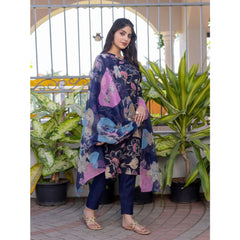 Mayawye Women's Cotton Blend Printed Kurti With Pant Dupatta Set (NavyBlue)