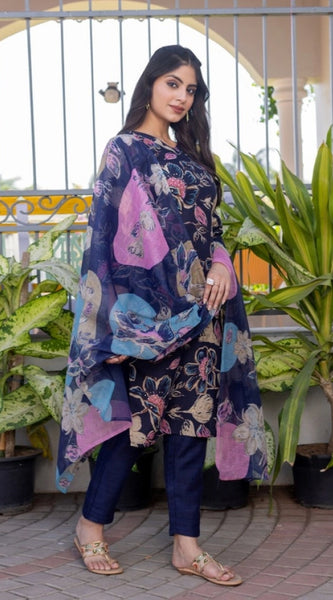 Mayawye Women's Cotton Blend Printed Kurti With Pant Dupatta Set (NavyBlue)