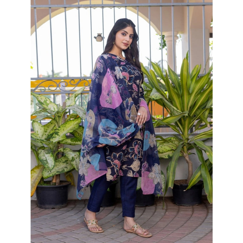 Mayawye Women's Cotton Blend Printed Kurti With Pant Dupatta Set (NavyBlue)