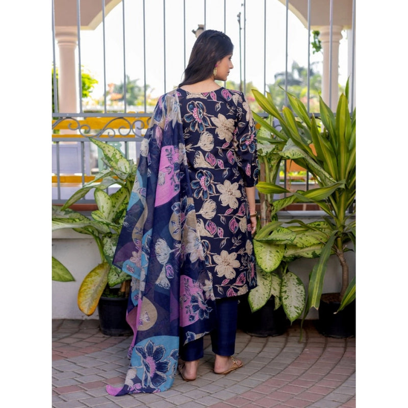 Mayawye Women's Cotton Blend Printed Kurti With Pant Dupatta Set (NavyBlue)