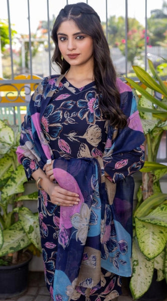 Mayawye Women's Cotton Blend Printed Kurti With Pant Dupatta Set (NavyBlue)