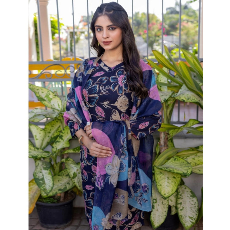 Mayawye Women's Cotton Blend Printed Kurti With Pant Dupatta Set (NavyBlue)