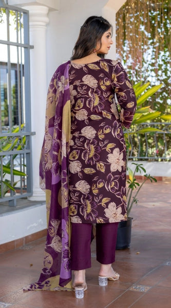 Mayawye Women's Cotton Blend Printed Kurti With Pant Dupatta Set (Purple)