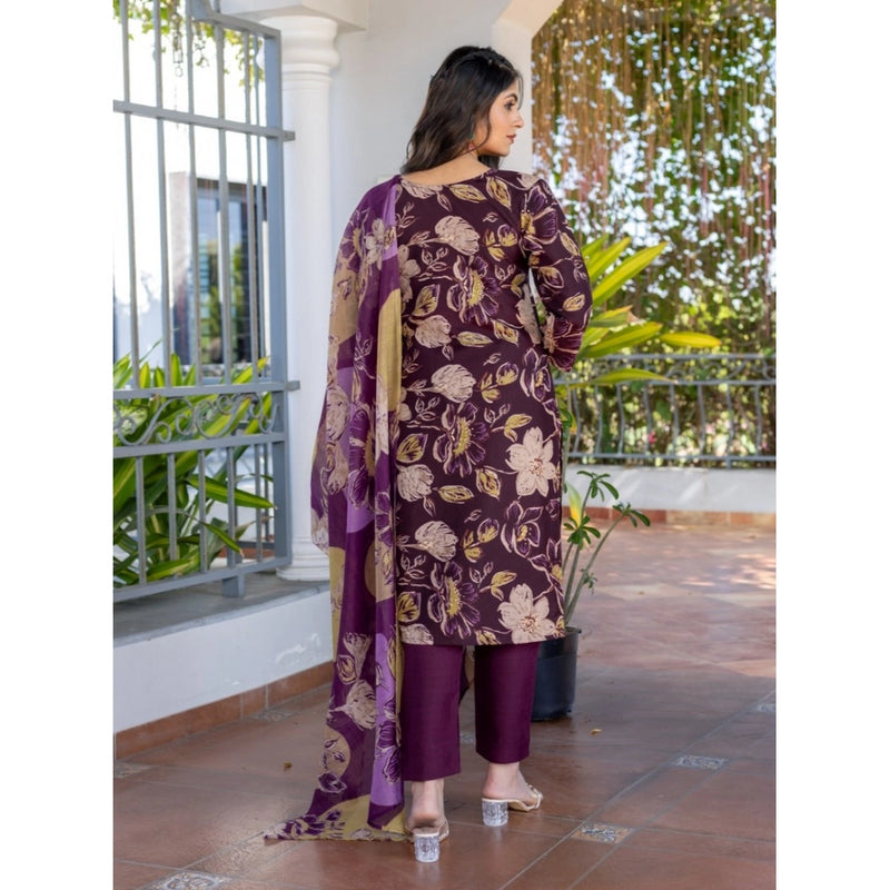 Mayawye Women's Cotton Blend Printed Kurti With Pant Dupatta Set (Purple)