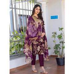 Mayawye Women's Cotton Blend Printed Kurti With Pant Dupatta Set (Purple)