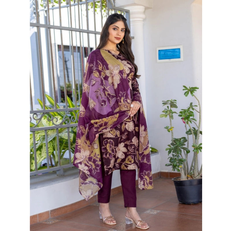 Mayawye Women's Cotton Blend Printed Kurti With Pant Dupatta Set (Purple)