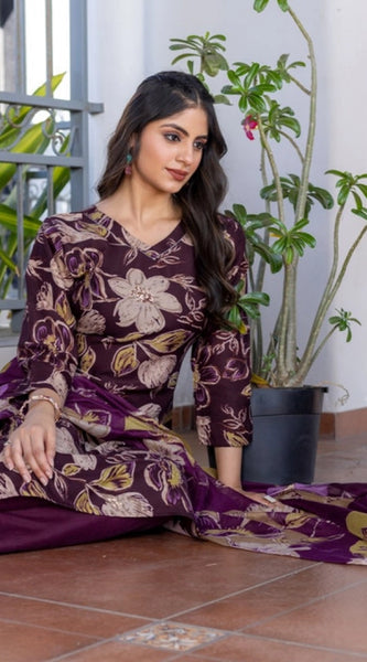 Mayawye Women's Cotton Blend Printed Kurti With Pant Dupatta Set (Purple)