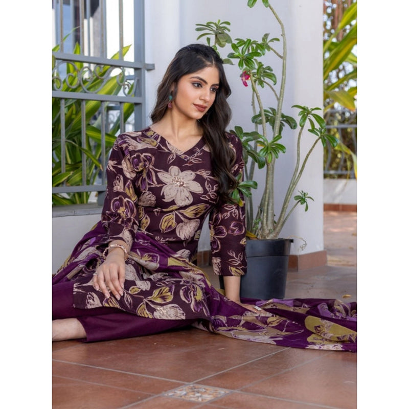 Mayawye Women's Cotton Blend Printed Kurti With Pant Dupatta Set (Purple)