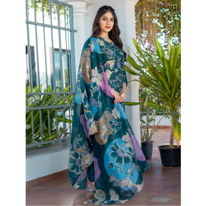 Mayawye Women's Cotton Blend Printed Kurti With Pant Dupatta Set (Rama)