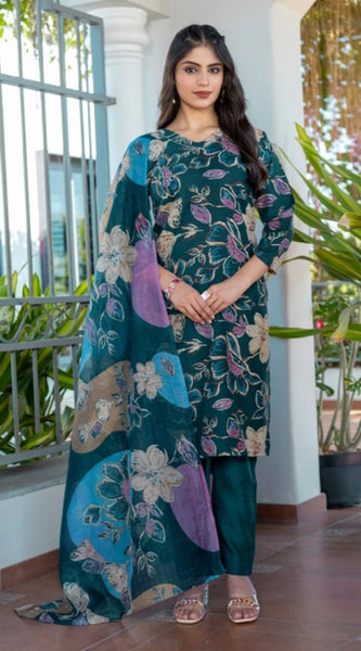 Mayawye Women's Cotton Blend Printed Kurti With Pant Dupatta Set (Rama)