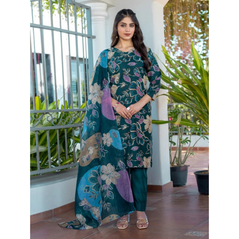 Mayawye Women's Cotton Blend Printed Kurti With Pant Dupatta Set (Rama)