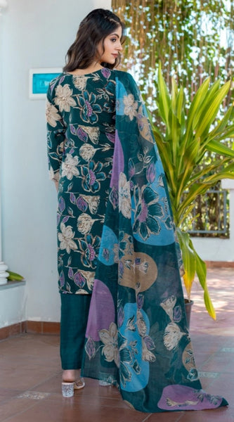 Mayawye Women's Cotton Blend Printed Kurti With Pant Dupatta Set (Rama)