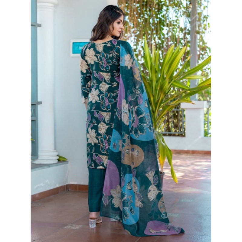 Mayawye Women's Cotton Blend Printed Kurti With Pant Dupatta Set (Rama)