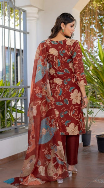 Mayawye Women's Cotton Blend Printed Kurti With Pant Dupatta Set (Rust)