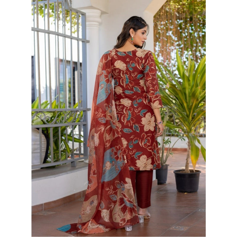 Mayawye Women's Cotton Blend Printed Kurti With Pant Dupatta Set (Rust)