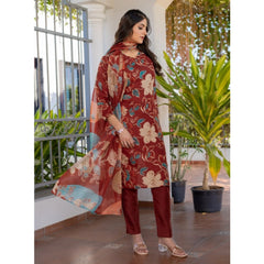 Mayawye Women's Cotton Blend Printed Kurti With Pant Dupatta Set (Rust)