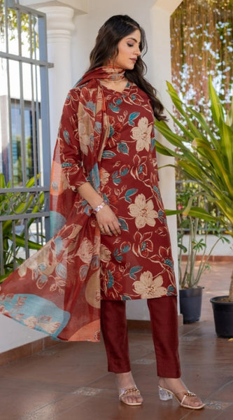 Mayawye Women's Cotton Blend Printed Kurti With Pant Dupatta Set (Rust)