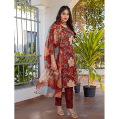 Mayawye Women's Cotton Blend Printed Kurti With Pant Dupatta Set (Rust)
