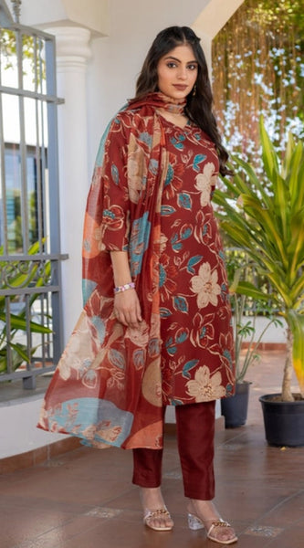 Mayawye Women's Cotton Blend Printed Kurti With Pant Dupatta Set (Rust)