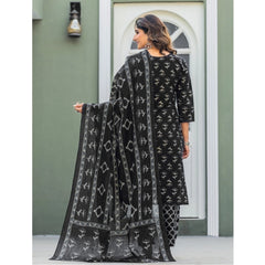 Mayawye Women's Cotton Blend Printed Kurti With Pant Dupatta Set (Black)