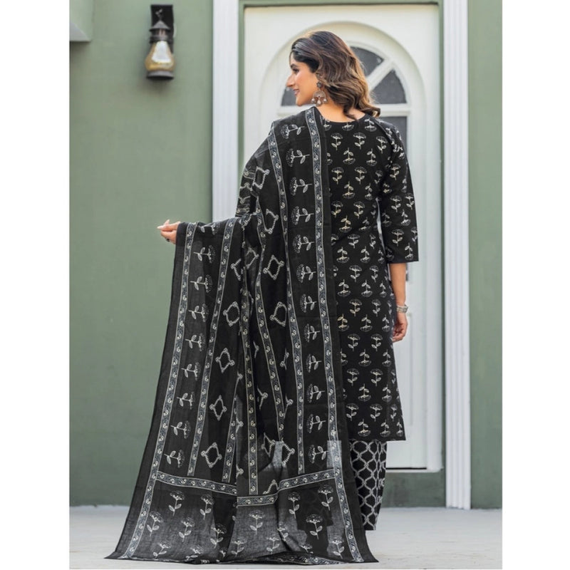 Mayawye Women's Cotton Blend Printed Kurti With Pant Dupatta Set (Black)