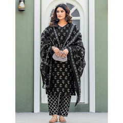 Mayawye Women's Cotton Blend Printed Kurti With Pant Dupatta Set (Black)