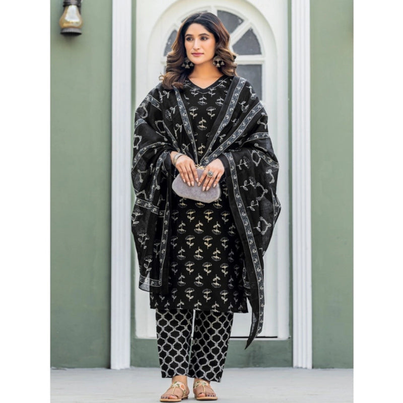 Mayawye Women's Cotton Blend Printed Kurti With Pant Dupatta Set (Black)