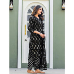 Mayawye Women's Cotton Blend Printed Kurti With Pant Dupatta Set (Black)