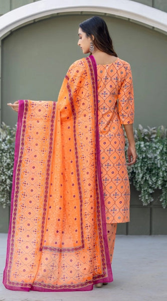 Mayawye Women's Cotton Blend Printed Kurti With Pant Dupatta Set (Coral)