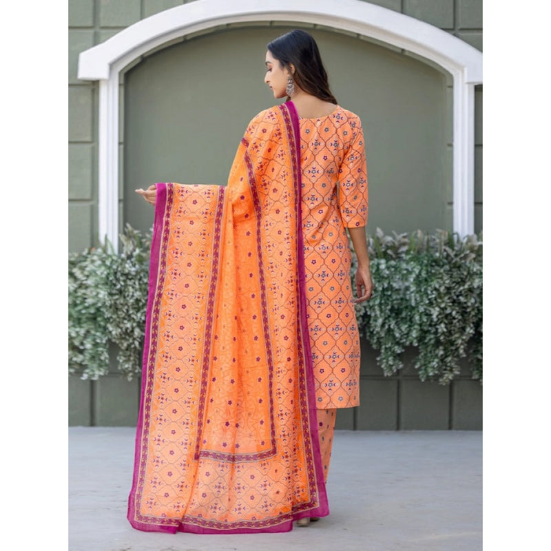 Mayawye Women's Cotton Blend Printed Kurti With Pant Dupatta Set (Coral)
