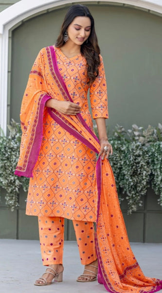Mayawye Women's Cotton Blend Printed Kurti With Pant Dupatta Set (Coral)