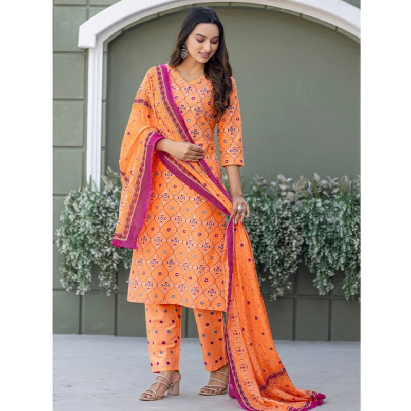 Mayawye Women's Cotton Blend Printed Kurti With Pant Dupatta Set (Coral)