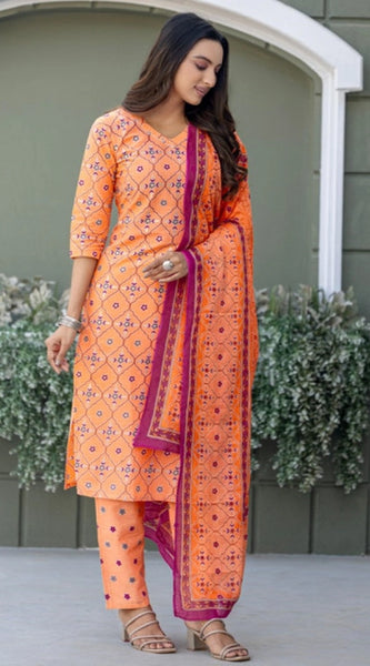 Mayawye Women's Cotton Blend Printed Kurti With Pant Dupatta Set (Coral)