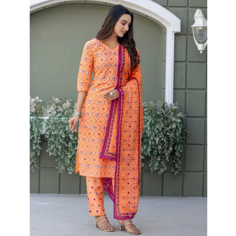 Mayawye Women's Cotton Blend Printed Kurti With Pant Dupatta Set (Coral)