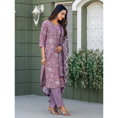 Mayawye Women's Cotton Blend Printed Kurti With Pant Dupatta Set (Lavender)