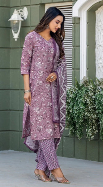 Mayawye Women's Cotton Blend Printed Kurti With Pant Dupatta Set (Lavender)