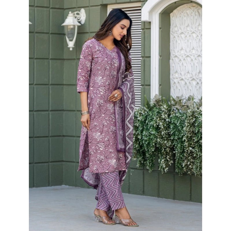 Mayawye Women's Cotton Blend Printed Kurti With Pant Dupatta Set (Lavender)