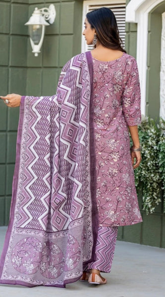 Mayawye Women's Cotton Blend Printed Kurti With Pant Dupatta Set (Lavender)