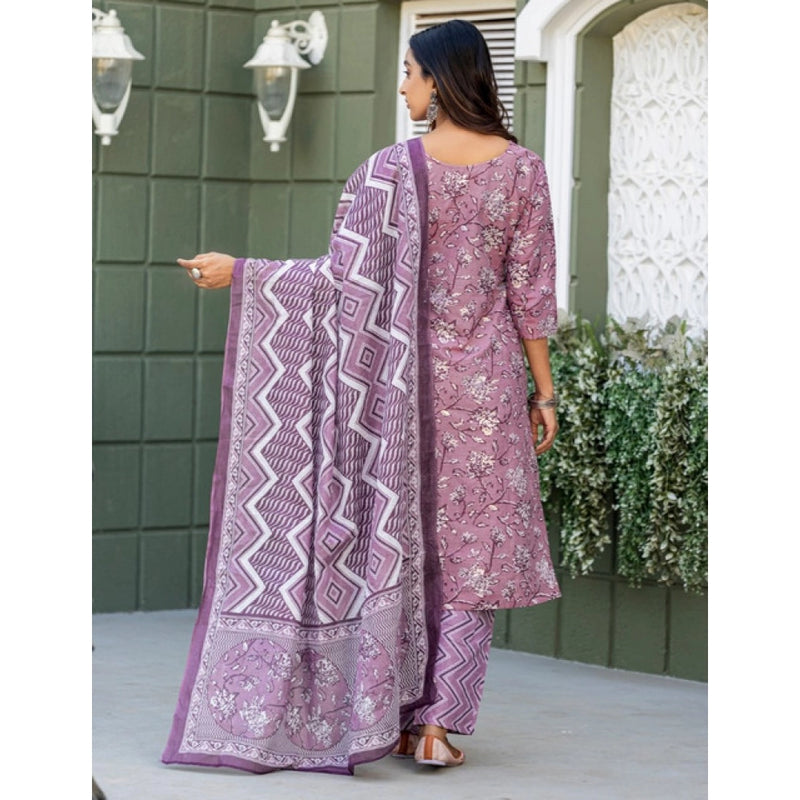 Mayawye Women's Cotton Blend Printed Kurti With Pant Dupatta Set (Lavender)